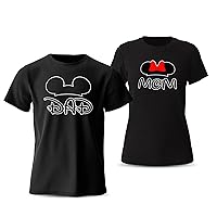 Mom and Dad Matching Shirts for Couples, Women and Men's T-Shirts with Cartoon Mouse Graphic Design, Pair of Cotton Shirt (Black-Black,Men-XL/Women-S)