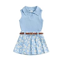 BeQeuewll Toddler Baby Girl Summer Clothes Daisy Flower Girl Outfit Knit Shirt Mini Pleated Skirts Set Outfits for Grils1-4T