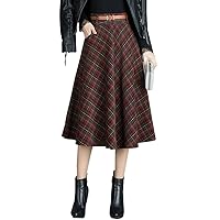 Women's High Waisted Wool Blend Plaid Checked Long A-line Tartan Skirt Side Zipper