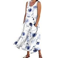 Floral Maxi Dress,Summer Casual Dresses for Women Sleeveless Floral Print Tank Sundress Pleated Tank Dress with Pocket