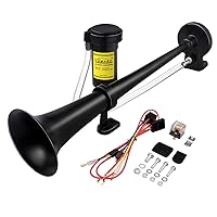 12V 150db Air Horn, 18 Inches Chrome Zinc Single Trumpet Truck Air Horn with Compressor for Any 12V Vehicles Lorrys Trains Boats Cars (Black)