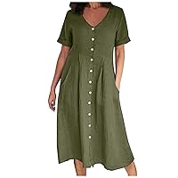 Midi Dresses for Women 2024 Casual Womens Summer Linen Dress 2024 V Neck Maxi Dresses Casual Button Pocket Dresses for Women Fashion Vacation Sundress Vestidos Elegantes De Army Green