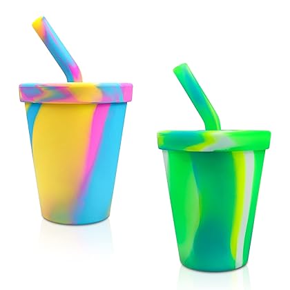TQONEP Toddler Cups,Silicone Sippy Cups for Kids,Toddler Cups Spill Proof with Straws Leakproof Lid,Sippy Cups for Baby 6 Months,Applicable to Toddler & Kids,9 OZ(Aurora Borealis+Yellow)