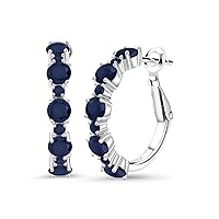 Gem Stone King 925 Sterling Silver Blue Sapphire Hoop Earrings For Women (3.85 Cttw, Round 4MM and 1.9MM, Gemstone Birthstone 1 Inch Diameter)