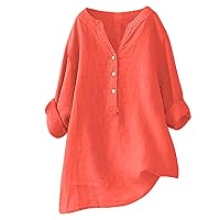 Masbird Summer Women Cotton Linen Tshirt Casual 3/4 Sleeve Crewneck Tee Loose Fit Trendy Oversized Button Tunic Top