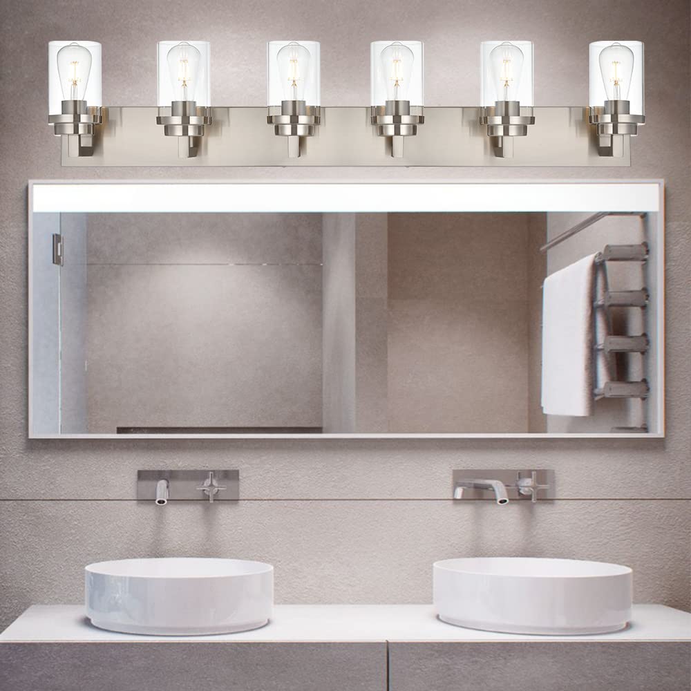 MELUCEE 6-Light Bathroom Lights Over Mirror in Brushed Nickel, Modern Industrial Vanity Lighting Fixture Indoor Wall Lights for Bath Kitchen Powder Room, Clear Glass Shade