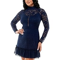 B Darlin Womens Navy Stretch Lace Zippered Sheer Lined Floral Long Sleeve Mock Neck Mini Party Fit + Flare Dress Juniors 15
