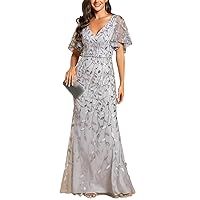 Women's Evening Dress Long V Neck Short Sleeve Chiffon Dress Backless Bridesmaid Dress Prom Dresses