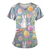 Easter Shirt Womens Printed Blouse Short Sleeve Tunic Daily Tee V-Neck Pocket Casual Tshirt Fashion Tops