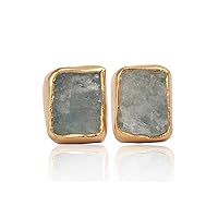Fancy Aquamarine Quartz Raw Earrings, Stud Earrings, Gold Plated Jewelry, Wedding Gift, Earrings For Mother., Stone Size - 8X10 Mm, Gemstone & Brass, Aquamarine Quartz