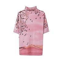Women's Wool Printed Oversized Loose Knitted Mock Neck Short Sleeve Pullover Sweater Dresses Tops 011