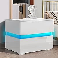 HOMMPA LED Nightstand with 2 Drawers Modern Nightstand White with Storage Cabinet High Gloss Night Table LED Bedside Table with 16 Colors LED End Table Smart Nightstand for Bedroom Furniture