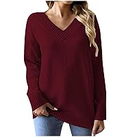 V Neck Pullover Sweater for Women Solid Knitted Jumper Trendy Long Sleeve Ribbed Knit Sweaters Loose Soft Blouse