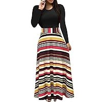 Women's Floral Printed Colorblocked Swing Long Sleeve Round Neck Maxi Dress,Summer Dresses for Women 2024