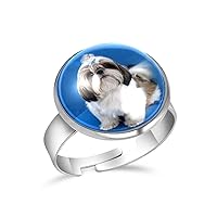 Shih Tzu Puppy Dog Adjustable Rings for Women Girls, Stainless Steel Open Finger Rings Jewelry Gifts
