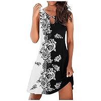 Summer Floral Dresses for Women 2024 Fashion Hollow Out Round Neck Sleeveless Loose Beach Short Mini Sundress