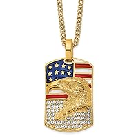 26.6mm Chisel Stainless Steel Polished Yellow Ip Plated Enameled Crystal Eagle and American Flag Animal Pet Dog Tag a Curb Chain Necklace 24 Inch Jewelry for Women
