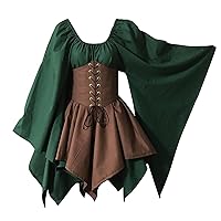 Women's Medieval Trumpet Irish Shirt Dress Halloween Cosplay Gothic Retro Long Sleeve Corset Dress(Green,5X-Large)
