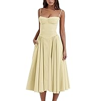 Women's Fashionable Solid Color Floral Retro Court Style Suspender Pocket Dress Blossoms Strap Dress