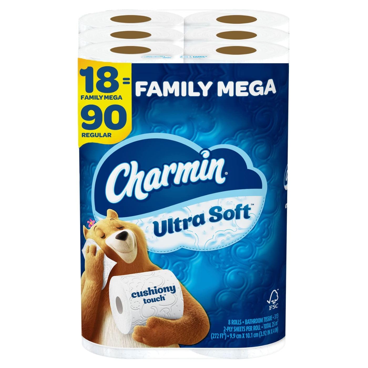Charmin Ultra Soft Cushiony Touch Toilet Paper, 18 Family Mega Rolls = 90 Regular Rolls
