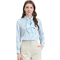Allegra K Women's Work Top Satin Blouse Tie Neck Long Sleeve Button Up Shirt