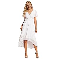 Ever-Pretty Women's Chiffon Formal Dresses V Neck Ruffle Sleeves Pleated High Low Summer Wedding Guest Dress