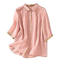 3/4 Cotton Linen Color Block Shirts Women Peter Pan Collar Button Down Blouses Summer Casual Loose Preppy Style Tops