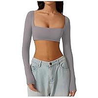 Long Sleeve Crop Tops for Women Sexy Square Neck Slim Fit Y2k Tees Solid Basic Casual Going Out Workout Outfits
