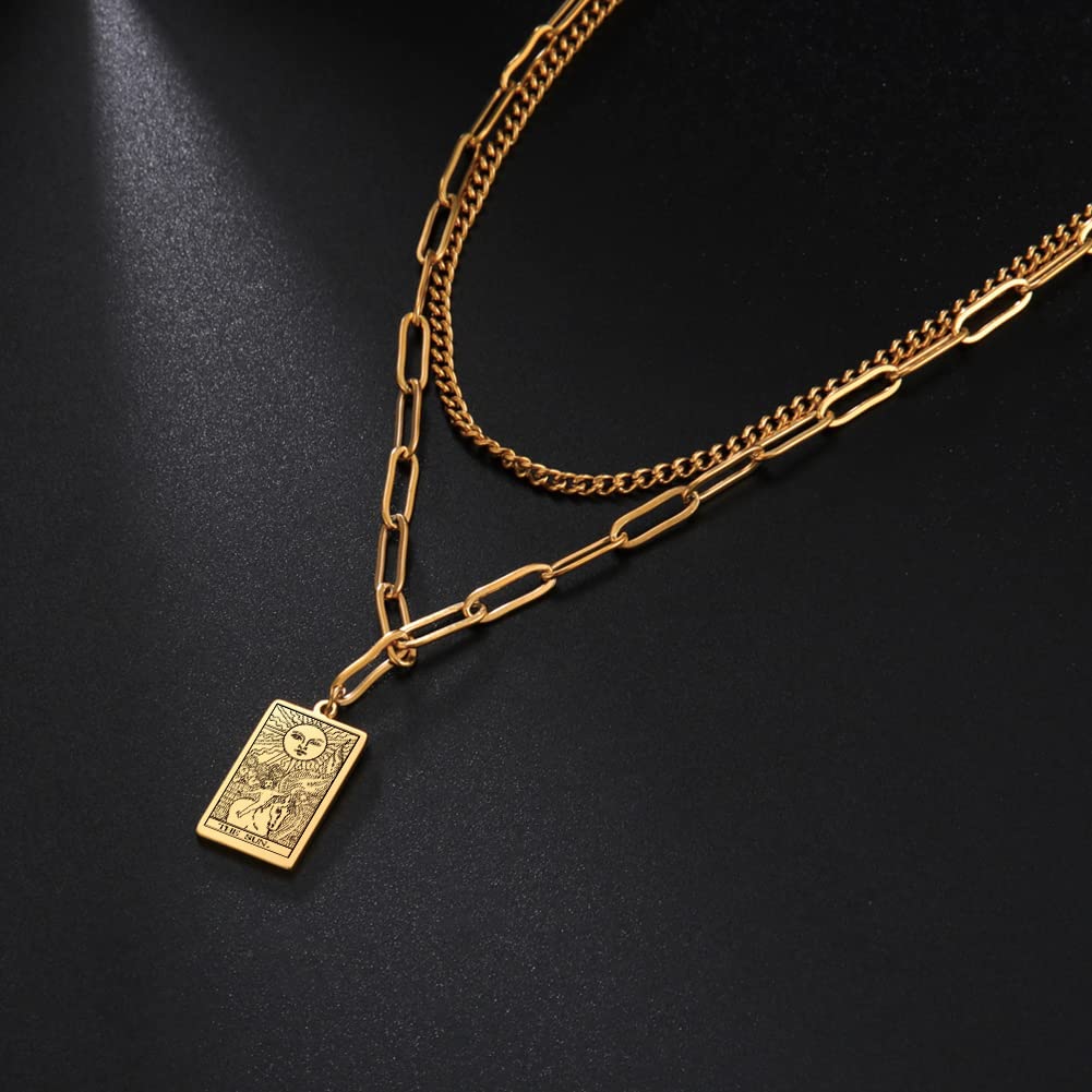 TEAMER Double Layer Necklace Vintage Tarot Jewelry Good Luck Amulet Pendants Stainless Steel Necklace
