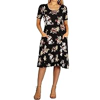 Women Plus Size Short Sleeves Black Floral Dress 2 Pockets Made in USA