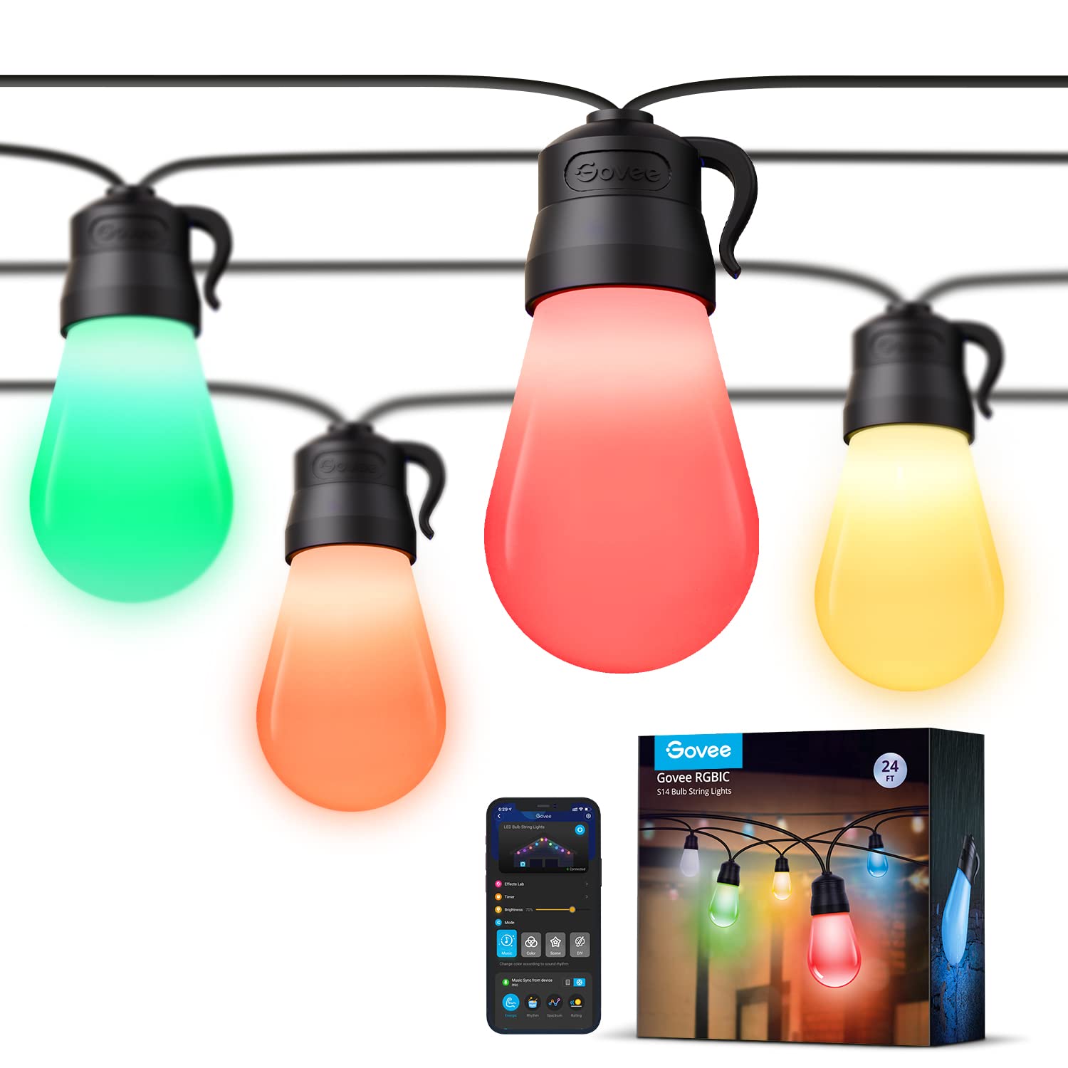 Govee Smart Outdoor String Lights with 8 Dimmable RGBIC LED Bulbs, 24ft IP65 Waterproof Shatterproof Patio Lights, Color Changing Warm White Lights with 47 Scene Modes for Balcony, Backyard, Party