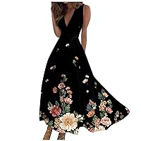 Dresses for Women 2024 Sleeveless Flowy Ruched Maxi Dress Wrap V Neck Floral Printed Beach Dresses Boho Sundresses