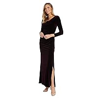 Women's Long Stretch Velvet Mock Wrap W/Side Draped & Slit