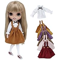 Doll Clothes Suspender Skirt+Shirt 2-Piece Set for Blyth,Ob24,Licca,Azone BJD Doll Accessories Toys Clothing (Brown Set)