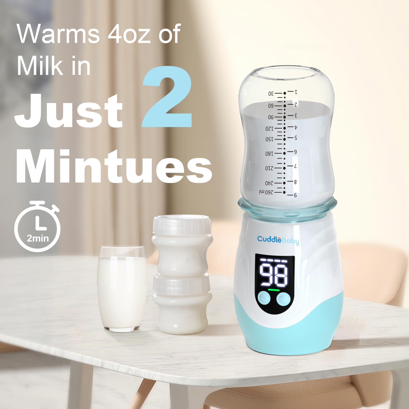 CuddleeBaby Portable Bottle Warmer for Travel, Cordless Baby Bottle Warmer, Rechargeable Bottle Warmer with 8 Adapters, 1 Milk Powder Container, Compatible with Most Bottle, Fast Heating, Blue