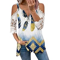 Lace Cutout Short Sleeve Tshirt for Women Going Out Sexy Cold Shoulder Cami Tops Marble Printed Half Zipper V Neck Loose Tops