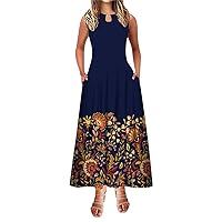 Women A Line Dress Summer Maxi Long Dress Sleeveless Print with Pocket Round Neck Stylish Work Casual Summer