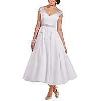 Women's Sheer V-Neck Lace Wedding Dress Short Bridal Evening Gowns