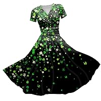 Women's Green Dress Princess Dress Sexy V-Neck St. Patrick's Day Printed Waist Pulled Ruffle Short Dress, S-3XL