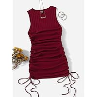 Summer Dresses for Women 2022 Ruched Drawstring Side Bodycon Dress (Color : Burgundy, Size : Large)