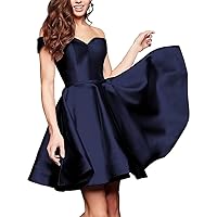 Off Shoulder Satin Homecoming Dress 2023 for Teens A-Line with Pockets Backless Cocktail Gowns