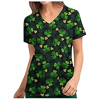 Womens Scrubs St. Patrick's Day Clover Printing Casual Short Sleeve V Neck Tunic Tops Working Uniform