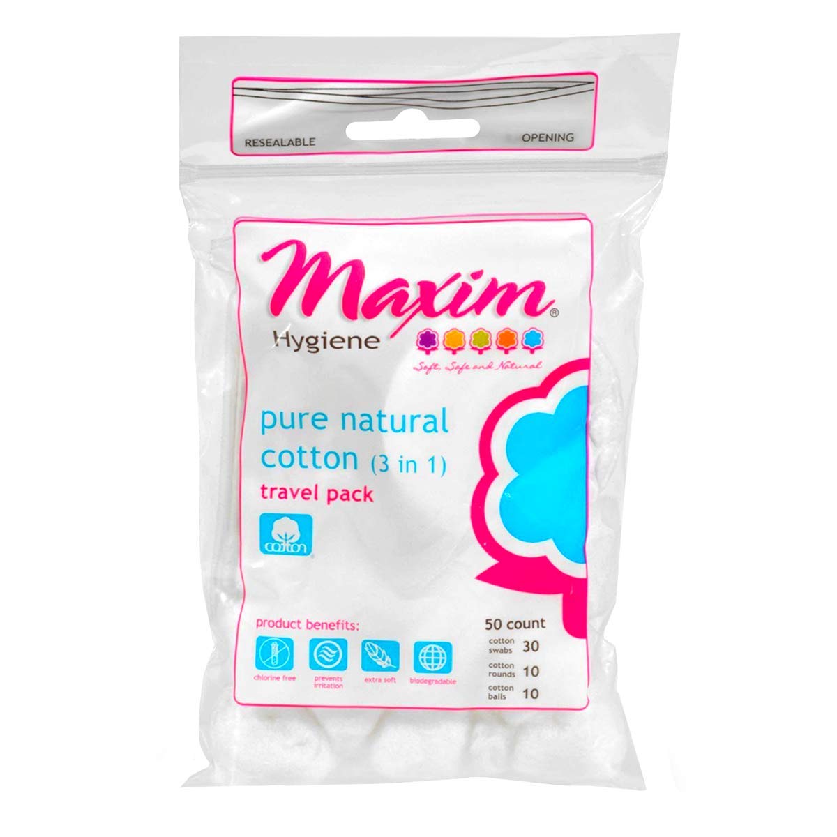 Maxim Natural Cotton Travel Pack, 50ct, Combo (3-in-1, Balls/Rounds/Swabs), No Chlorine/Dioxin, Biodegradable, Hypoallergenic, Gentle Touch, with Paper Stick Swabs, Combo Pack 1 Pack of 50