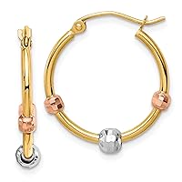 Gold 14k Polished with Diamond Cut Beads Tri-color Hoop Earrings - 22.25mm