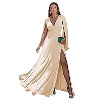 Long Sleeve Bridesmaid Dress Ruched Prom Dresses with Slit V-Neck Chiffon Cape Sleeve Formal Evening Gown P022