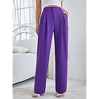 Dresses for Women - High Waist Plicated Detail Straight Leg Pants (Color : Violet Purple, Size : Large)