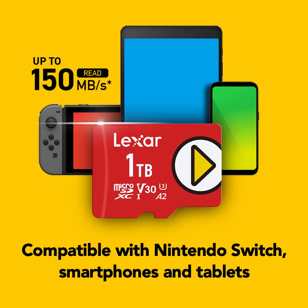 Lexar PLAY 1TB microSDXC UHS-I Micro SD Memory Card, C10, U3, V30, A2, Full-HD Video, Up To 150MB/s, Expanded Storage for Nintendo-Switch, Gaming Devices, Smartphones, Tablets (LMSPLAY001T-BNNNU)