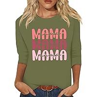 Mom Shirt Women's Color Letter Print Mama 2024 Spring and Summer Mother's Day T-Shirt Fun and Cute 3/4 Sleeve Casual Top