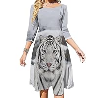 White Tiger in The Snow Women's 3/4 Sleeve Dress Casual Midi Dresses Tie Backless Swing Sundress