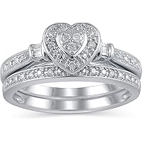 .925 Sterling Silver 1/10 Cttw Round & Baguette Cut Diamond Heart Shaped Halo Engagement Ring & Stackable Wedding Ring Bridal Set (J-K Color, I2-I3 Clarity)